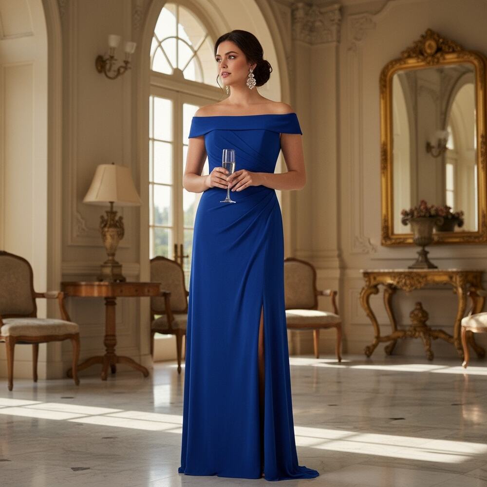 Xscape Royal Blue Off‑Shoulder Evening Gown 14W Stretch Fabric NWT